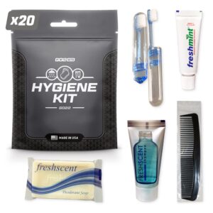 Travel Toiletry Kit, Hygiene Kit for Travel, Business & Charity with Reusable Toothbrush, Bath Soap & Other Essential Toiletries, 20-Pack