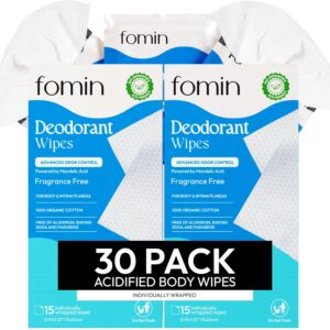 FOMIN Acidified Travel Deodorant Wipes For Women & Men - 30 Count - Fragrance Free - pH Balanced, Mini Deodorant Travel Size Wipes - Plastic-Free, Individually Wrapped Underarm Body Wipes