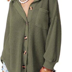 Dokotoo Women's Waffle Knit Shacket Long Sleeve Solid Color Button Down Shirts Boyfriend Loose Fit Batwing Sleeve Blouses for Women Green X-Large at Amazon Women’s Clothing store