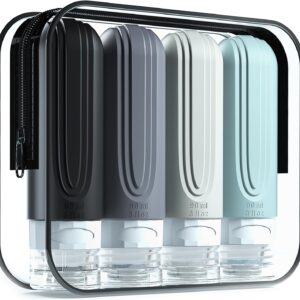 Travel Bottles for Toiletries, Tsa Approved 3oz Travel Size Containers BPA Free Leak Proof Refillable Liquid Silicone Squeezable Travel Accessories for Shampoo Conditioner Lotion (4 Pack)