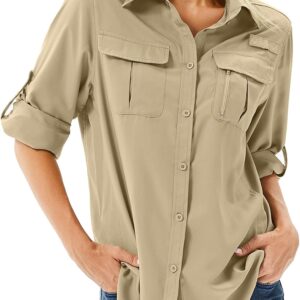 Women's UPF 50 Long Sleeve UV Sun Protection Safari Shirts Outdoor Quick Dry Fishing Hiking Travel Shirts