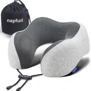 napfun Neck Pillow for Traveling, Upgraded Travel Neck Pillow for Airplane 100% Pure Memory Foam Travel Pillow for Flight Headrest Sleep, Portable Plane Accessories, Light Grey  Home & Kitchen